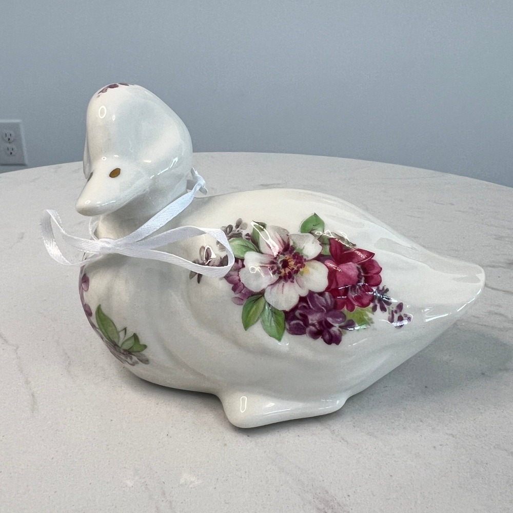 Crē Irish Porcelain Duck Figurine Handmade Galway Ireland Floral Cottagecore Vtg